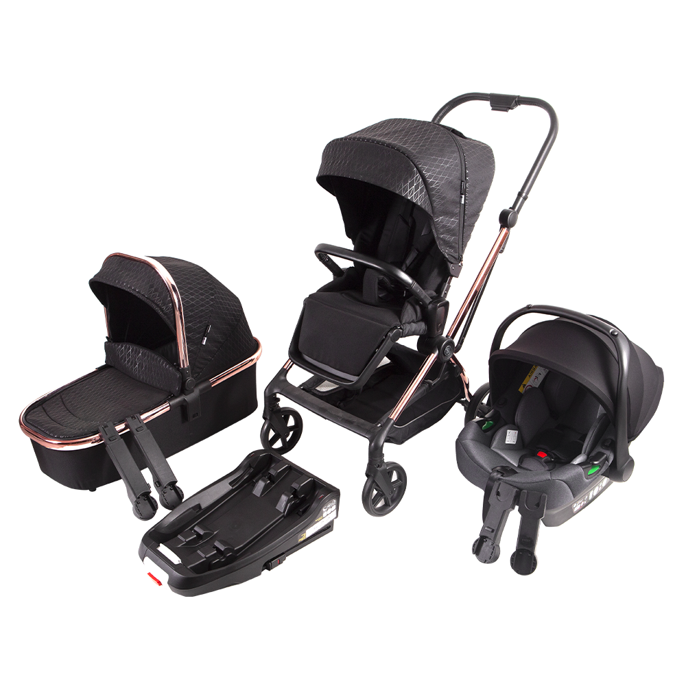 3-in-1-Trio-Reisesystem, Kinderwagen mit Kindersitz und Basis falten